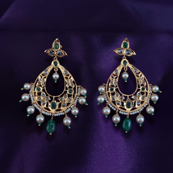 9k Gold Leaf-Shaped Chand Bali Earrings with Emeralds, Polki Diamonds & South Sea Pearls - Sha Jewellers