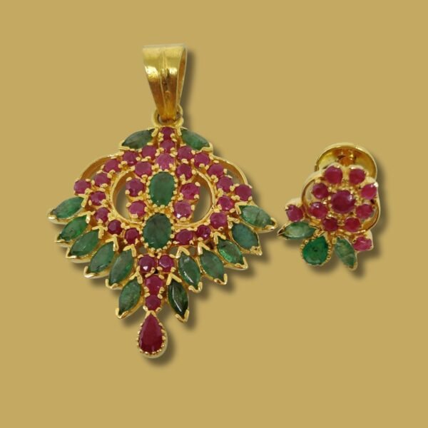22k Gold Studded Pendant with Emeralds and Rubies - Sha Jewellers
