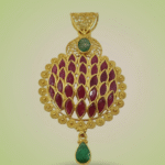 Sha Jewellers 22k Gold Circular Pendant with Emerald Center Stone and Ruby Leaf Design | Traditional Temple Jewelry