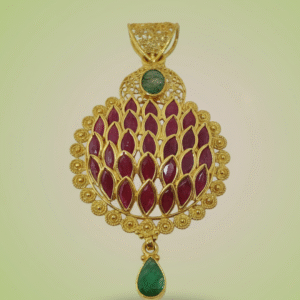 Sha Jewellers 22k Gold Circular Pendant with Emerald Center Stone and Ruby Leaf Design | Traditional Temple Jewelry