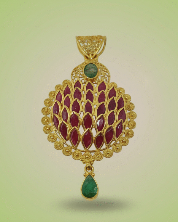 Sha Jewellers 22k Gold Circular Pendant with Emerald Center Stone and Ruby Leaf Design | Traditional Temple Jewelry