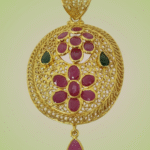 Sha Jewellers 22k Gold Floral Pendant with Emeralds and Rubies | Flower Design Studded Temple Jewelry