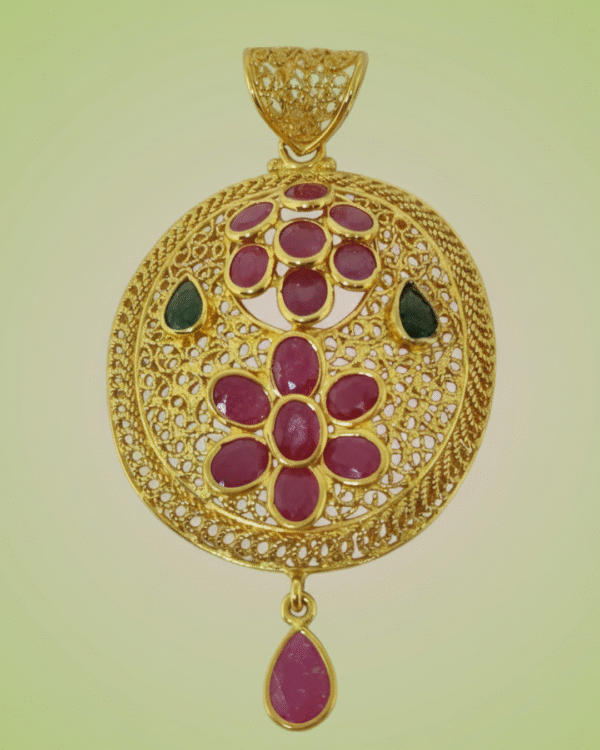 Sha Jewellers 22k Gold Floral Pendant with Emeralds and Rubies | Flower Design Studded Temple Jewelry