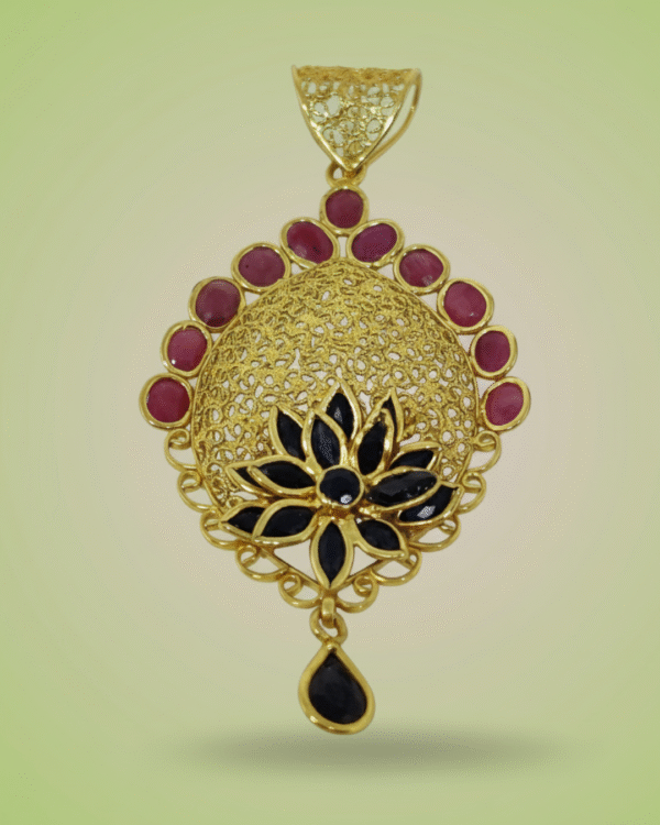 Sha Jewellers 22k Gold Floral Pendant with Ruby Border and Blue Sapphire Flower Design | Traditional Studded Temple Jewelry