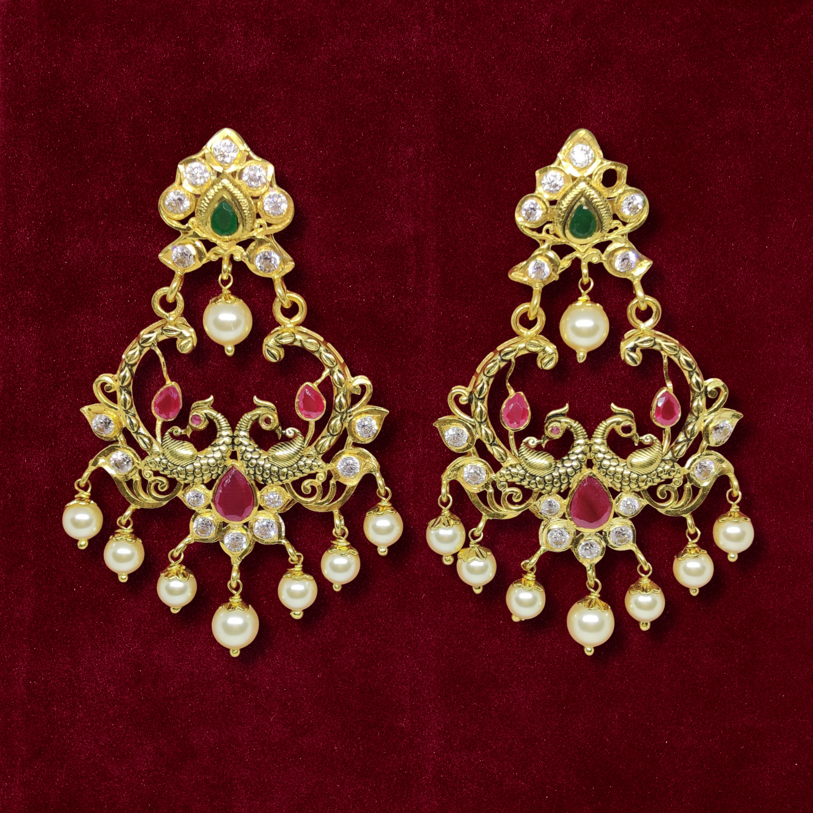 sha-jewellers-9k-gold-peacock-jhumkas-ruby-polki-emerald-south-sea-pearls