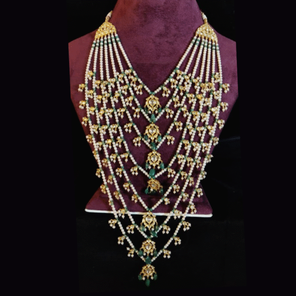 satlada necklace, emerald polki jewelry, south sea pearls, 9k gold bridal set, Sha Jewellers, hyderabadi jewellery, seven strand necklace, traditional indian jewelry, royal bridal set, pearl and emerald jewelry, polki diamond set, luxury wedding jewelry, nizami jewelry, heritage jewelry, indian wedding set