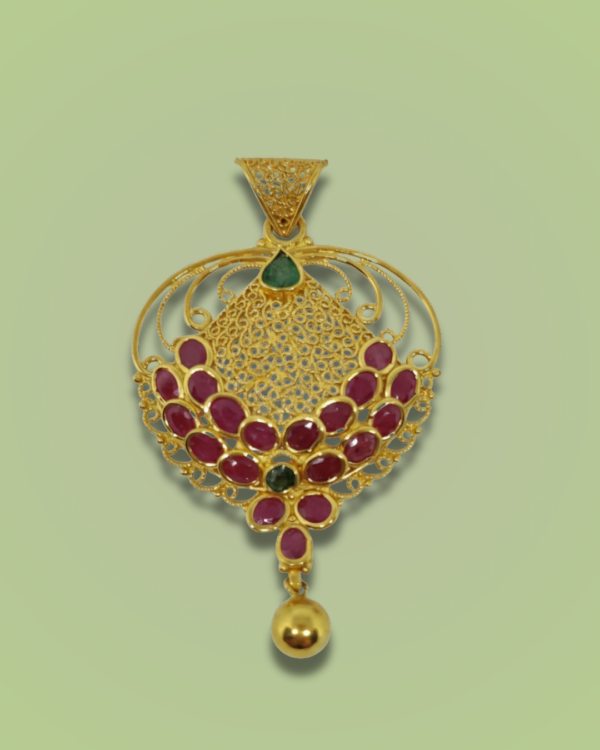 Sha Jewellers 22k Gold Two-Layer Ruby Cluster Pendant with Emerald Top and Emerald Gold Drop | Traditional Layered Temple Jewelry