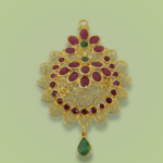 22k gold pendant, triple emerald jewelry, ruby cluster pendant, emerald drop necklace, Sha Jewellers, three emerald design, traditional indian pendant, kundan work, hyderabadi jewellery, wedding jewelry, festive pendant, gemstone cluster, luxury gold pendant, emerald ruby combination, statement jewelry