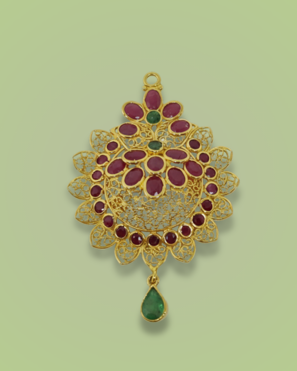 22k gold pendant, triple emerald jewelry, ruby cluster pendant, emerald drop necklace, Sha Jewellers, three emerald design, traditional indian pendant, kundan work, hyderabadi jewellery, wedding jewelry, festive pendant, gemstone cluster, luxury gold pendant, emerald ruby combination, statement jewelry