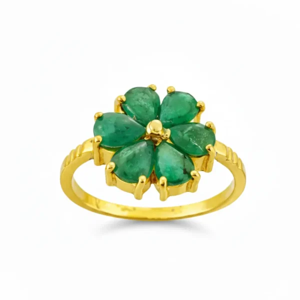 Sha Jewellers 22k Gold Floral Design Ring with 6 Emeralds and Uncut Polki Diamonds | Traditional Flower Jewelry
