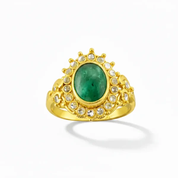 Sha Jewellers 22k Gold Round Emerald Ring with Uncut Polki Diamond Halo | Traditional Halo Setting Jewelry