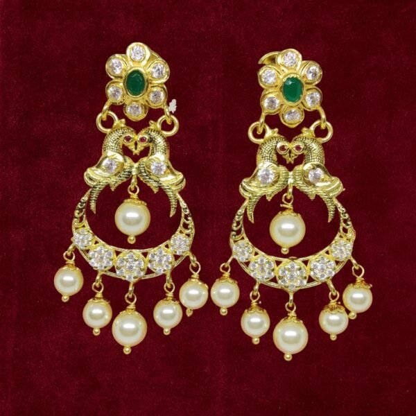 Sha Jewellers 22k Gold Flora Top Chand Bali Earrings with Polki Diamonds, Central Emerald, Two Birds Design and South Sea Pearls | Narrative Nizami Jewelry
