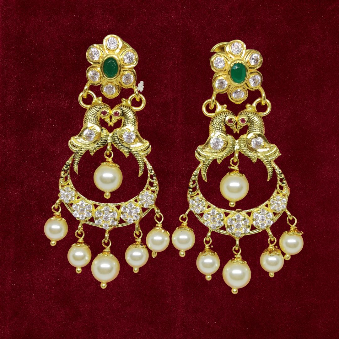 Sha Jewellers 22k Gold Flora Top Chand Bali Earrings with Polki Diamonds, Central Emerald, Two Birds Design and South Sea Pearls | Narrative Nizami Jewelry
