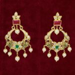 Sha Jewellers Large 22k Gold Pink Ruby and Emerald Polki Chand Bali Earrings with South Sea Pearls | Rare Gemstone Nizami Jewelry