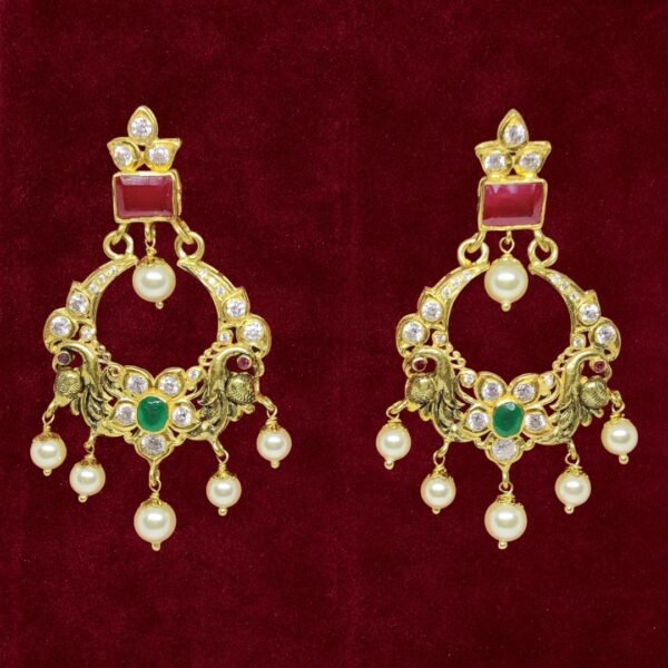 Sha Jewellers Large 22k Gold Pink Ruby and Emerald Polki Chand Bali Earrings with South Sea Pearls | Rare Gemstone Nizami Jewelry