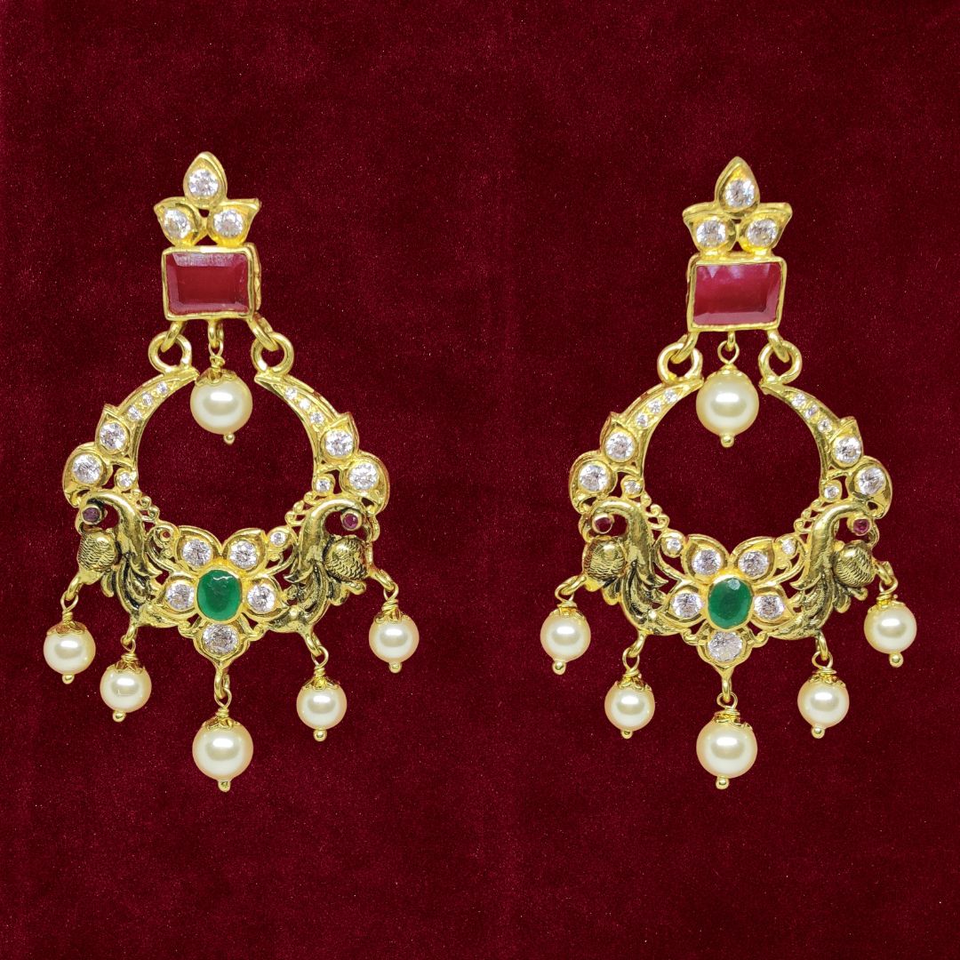 Sha Jewellers Large 22k Gold Pink Ruby and Emerald Polki Chand Bali Earrings with South Sea Pearls | Rare Gemstone Nizami Jewelry