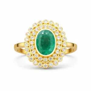 Sha Jewellers 22k Gold Round Raw Emerald Ring with Uncut Polki Diamonds | Sacred Circle Statement Jewelry