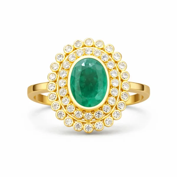 Sha Jewellers 22k Gold Round Raw Emerald Ring with Uncut Polki Diamonds | Sacred Circle Statement Jewelry