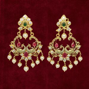 Sha Jewellers 22k Gold Rubies, Emerald and Polki Chand Bali Earrings with South Sea Pearls | Nizami Style Traditional Jewelry