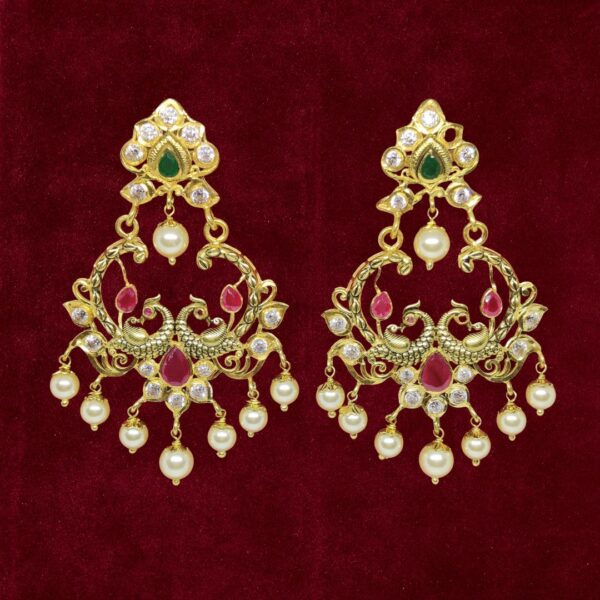 Sha Jewellers 22k Gold Rubies, Emerald and Polki Chand Bali Earrings with South Sea Pearls | Nizami Style Traditional Jewelry