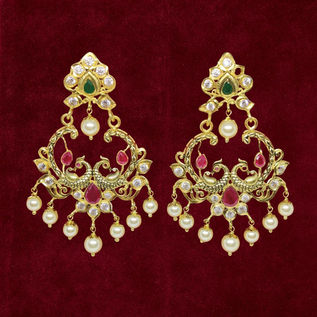 Sha Jewellers 22k Gold Rubies, Emerald and Polki Chand Bali Earrings with South Sea Pearls | Nizami Style Traditional Jewelry