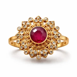 Sha Jewellers 22k Gold Large Ruby Center Ring with Uncut Polki Diamonds | Royal Statement Jewelry