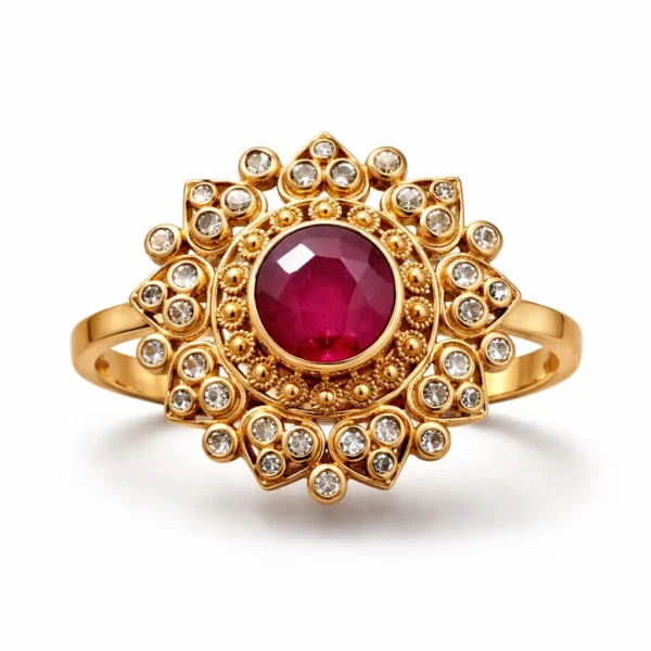 Sha Jewellers 22k Gold Large Ruby Center Ring with Uncut Polki Diamonds | Royal Statement Jewelry