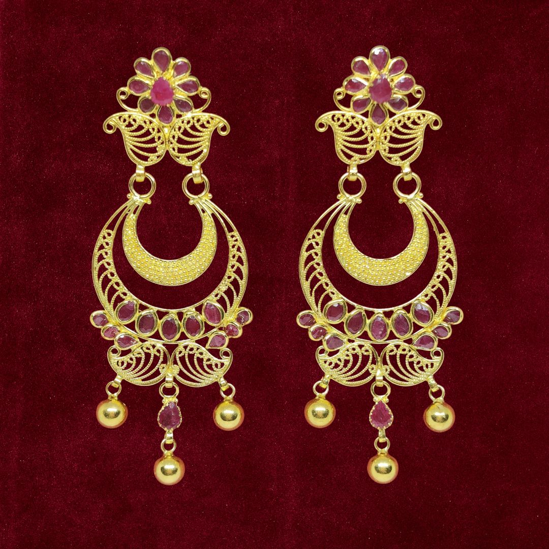 Sha Jewellers 22k Gold Ruby Chand Bali Earrings with South Sea Pearls | Traditional Ruby Pearl Jhumkas
