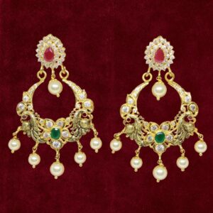 Sha Jewellers 22k Gold Royal Chand Bali Earrings with Rubies, Emeralds, Polki Diamonds and South Sea Pearls | Nizami Style Tapestry Jewelry