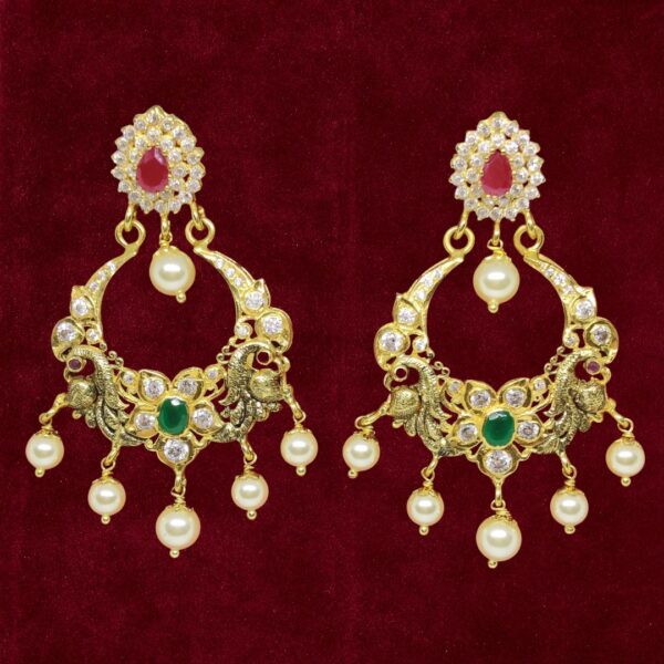 Sha Jewellers 22k Gold Royal Chand Bali Earrings with Rubies, Emeralds, Polki Diamonds and South Sea Pearls | Nizami Style Tapestry Jewelry