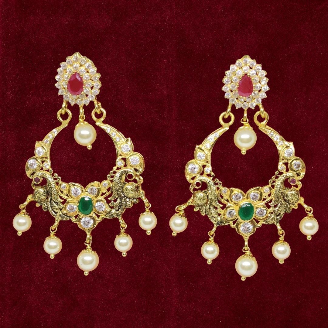 Sha Jewellers 22k Gold Royal Chand Bali Earrings with Rubies, Emeralds, Polki Diamonds and South Sea Pearls | Nizami Style Tapestry Jewelry