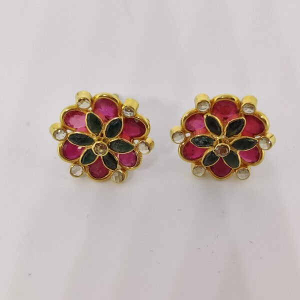 Sha Jewellers 22k Gold Ear Tops with Floral Emerald, Premium Rubies and Uncut Polki Diamonds | Handcrafted Traditional Jewelry