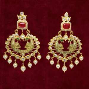 Sha Jewellers 22k Gold Peacock Design Chand Bali Earrings with Rubies, Emeralds, Polki Diamonds and South Sea Pearls | Royal Nizami Jewelry