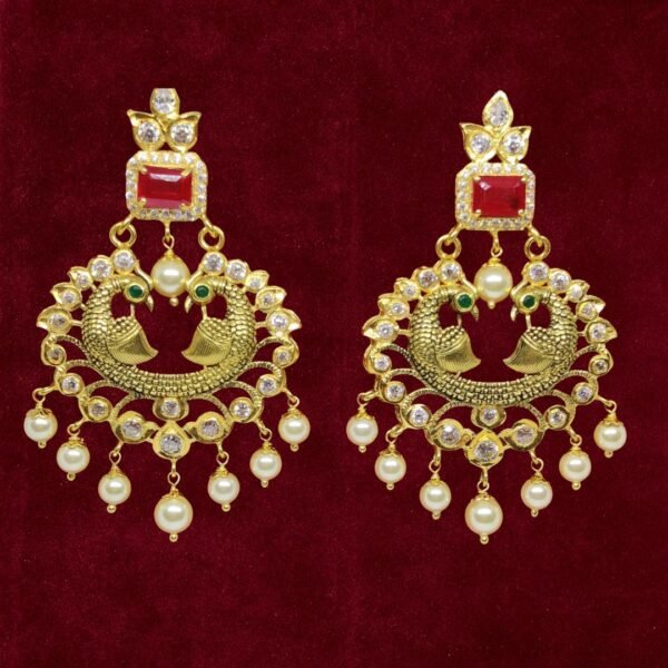 Sha Jewellers 22k Gold Peacock Design Chand Bali Earrings with Rubies, Emeralds, Polki Diamonds and South Sea Pearls | Royal Nizami Jewelry