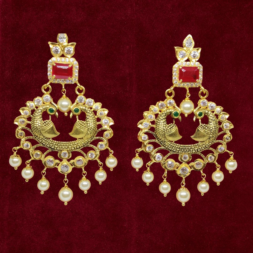 Sha Jewellers 22k Gold Peacock Design Chand Bali Earrings with Rubies, Emeralds, Polki Diamonds and South Sea Pearls | Royal Nizami Jewelry
