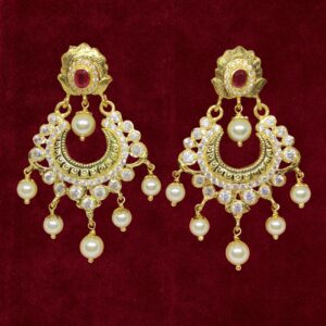 Sha Jewellers 22k Gold Ruby, Polki Diamond and South Sea Pearl Chand Bali Earrings | Nizami Style Traditional Jewelry