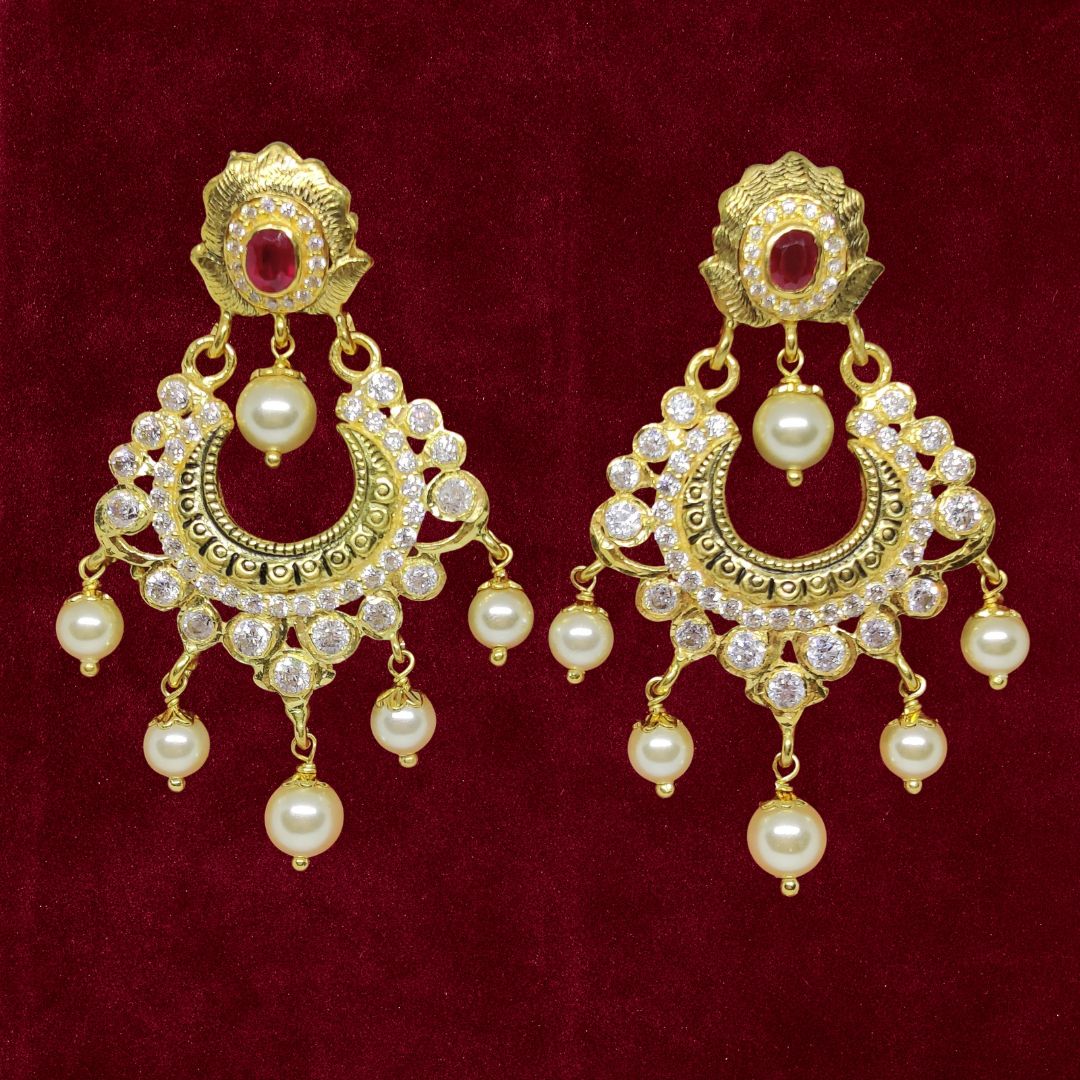 Sha Jewellers 22k Gold Ruby, Polki Diamond and South Sea Pearl Chand Bali Earrings | Nizami Style Traditional Jewelry