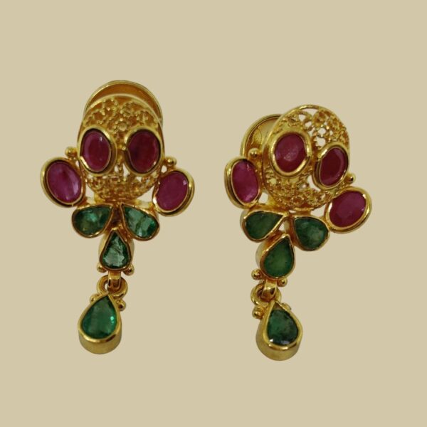 Sha Jewellers 22k Gold Ruby and Emerald Drop Earrings | Traditional Hanging Gemstone Jewelry with Premium Rubies and Emeralds