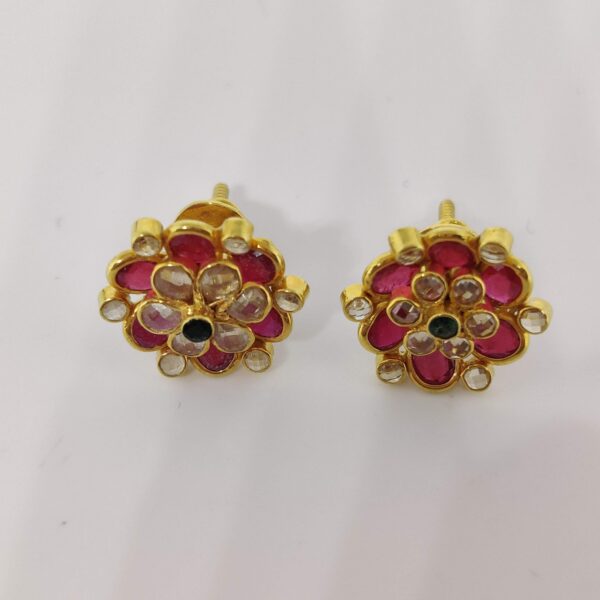 Sha Jewellers 22k Gold Ear Tops with Ruby, Emerald and Uncut Polki Diamonds | Trio Gemstone Traditional Jewelry