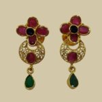 Sha Jewellers 22k Gold Ruby Drop Earrings with Central Blue Sapphire and Emerald Accents | Royal Trio Gemstone Jewelry
