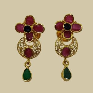 Sha Jewellers 22k Gold Ruby Drop Earrings with Central Blue Sapphire and Emerald Accents | Royal Trio Gemstone Jewelry