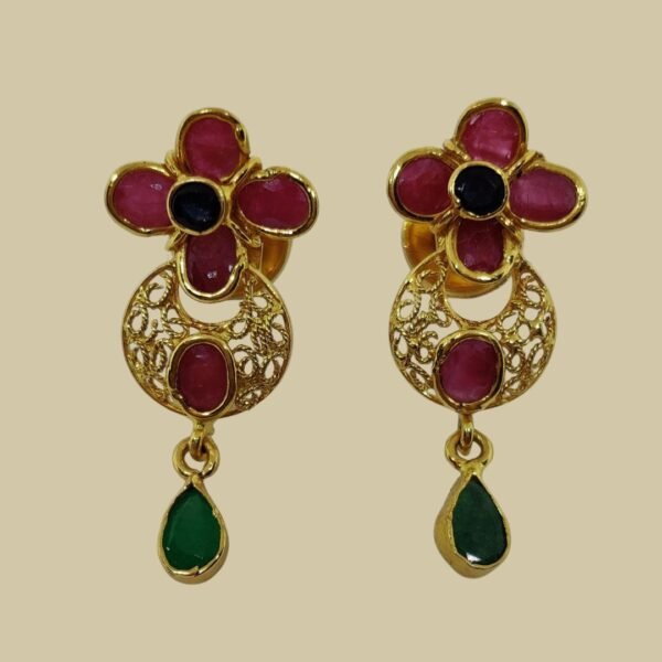 Sha Jewellers 22k Gold Ruby Drop Earrings with Central Blue Sapphire and Emerald Accents | Royal Trio Gemstone Jewelry