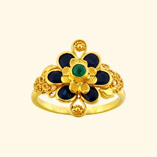 Sha Jewellers 22k Gold Floral Ring with Blue Sapphire Petals and Central Emerald | Nature Inspired Gemstone Jewelry