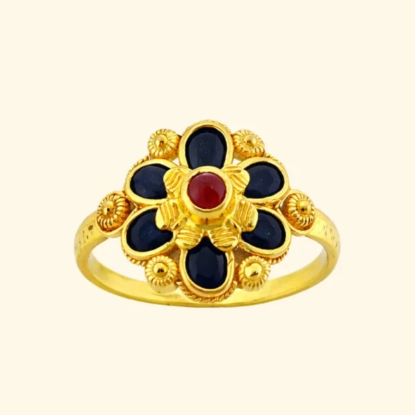 Sha Jewellers 22k Gold Floral Ring with Blue Sapphire Petals and Central Ruby | Passion and Serenity Gemstone Jewelry
