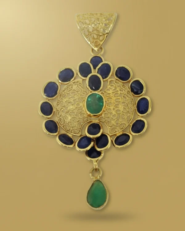 Sha Jewellers 22k Gold Emerald and Blue Sapphire Pendant | Lush Green and Deep Blue Gemstone Jewelry
