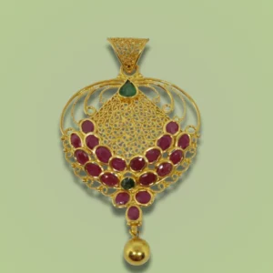 Sha Jewellers 22k Gold Pendant with Rubies, One Emerald and Hanging Gold Drop | Traditional Gemstone Jewelry