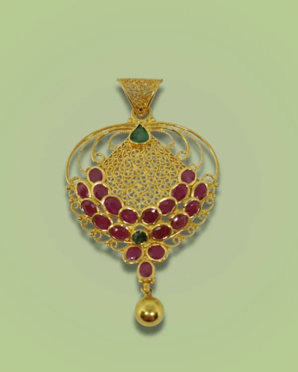 Sha Jewellers 22k Gold Pendant with Rubies, One Emerald and Hanging Gold Drop | Traditional Gemstone Jewelry