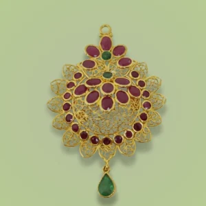 Sha Jewellers 22k Gold Pendant with Top Emerald, Rubies and Center Hanging Emerald | Triple-Element Gemstone Jewelry