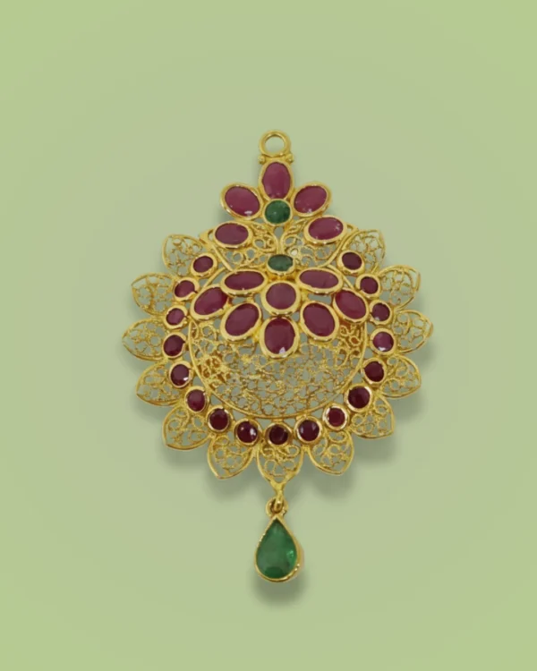 Sha Jewellers 22k Gold Pendant with Top Emerald, Rubies and Center Hanging Emerald | Triple-Element Gemstone Jewelry