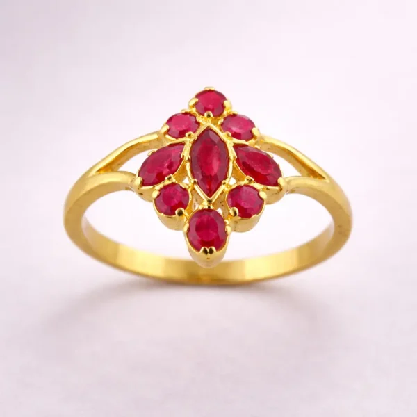 Sha Jewellers 22k Gold Ruby Crown Statement Ring with dimensional halo of premium rubies | Bold Statement Jewelry